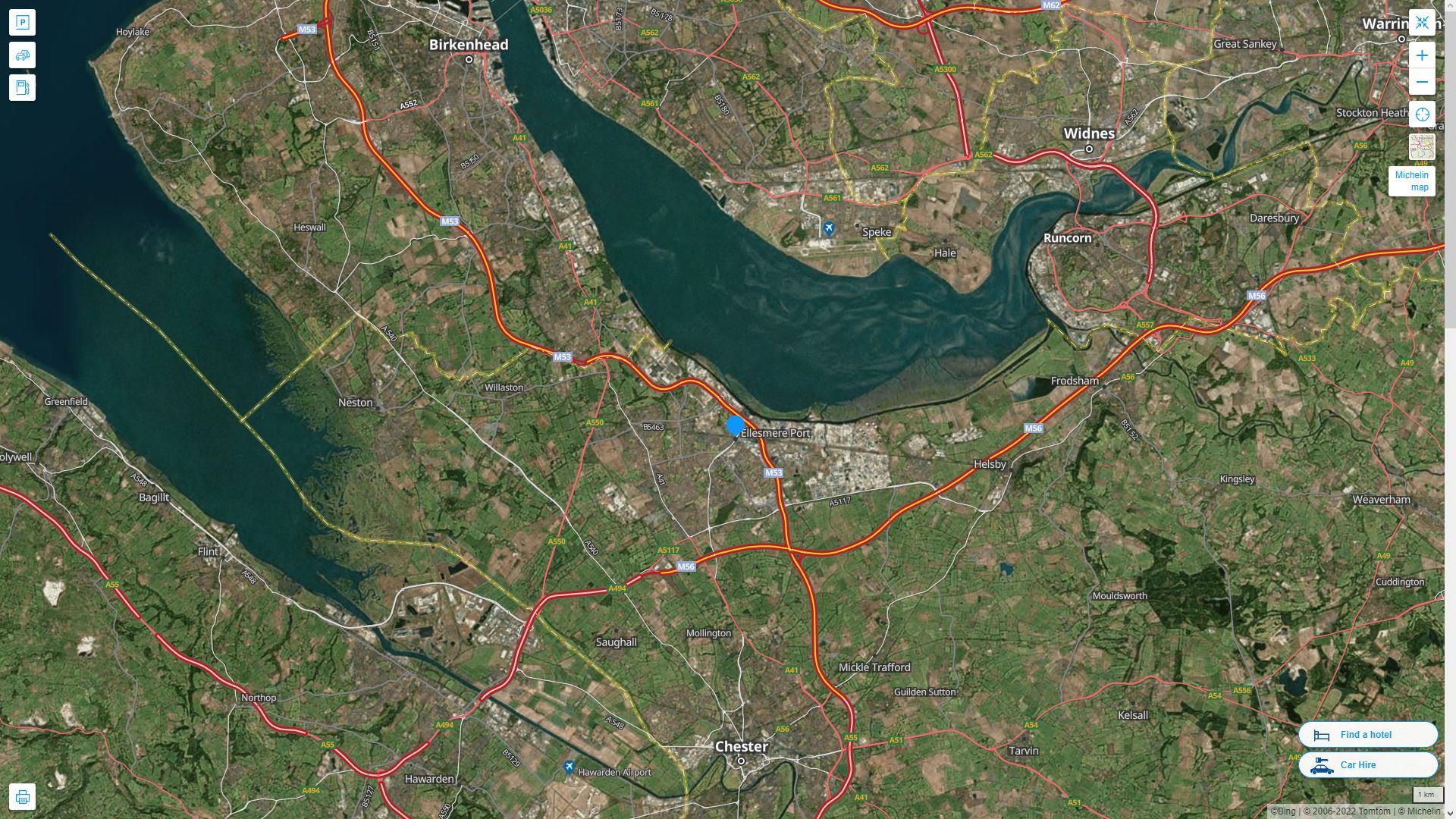 Ellesmere Port Royaume Uni Autoroute et carte routiere avec vue satellite